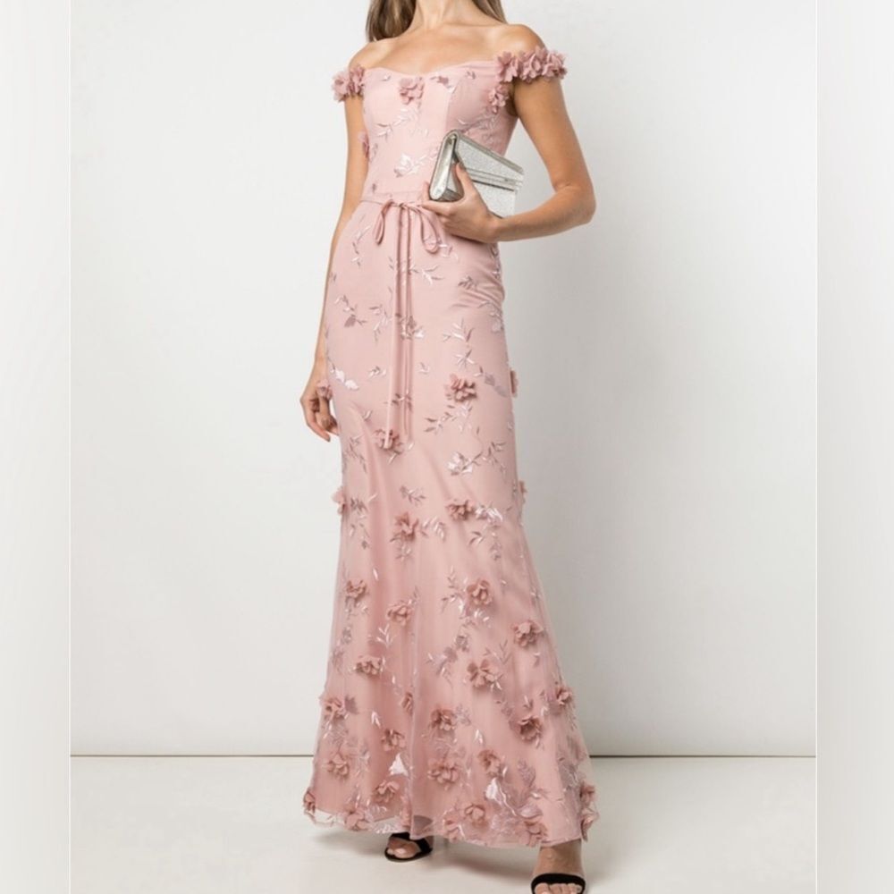 NWT Marchesa Blush Pink Floral Appliqué Off-Shoulder Maxi Dress
